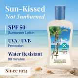 Panama Jack Sunscreen lotion bottle with beach background and product details