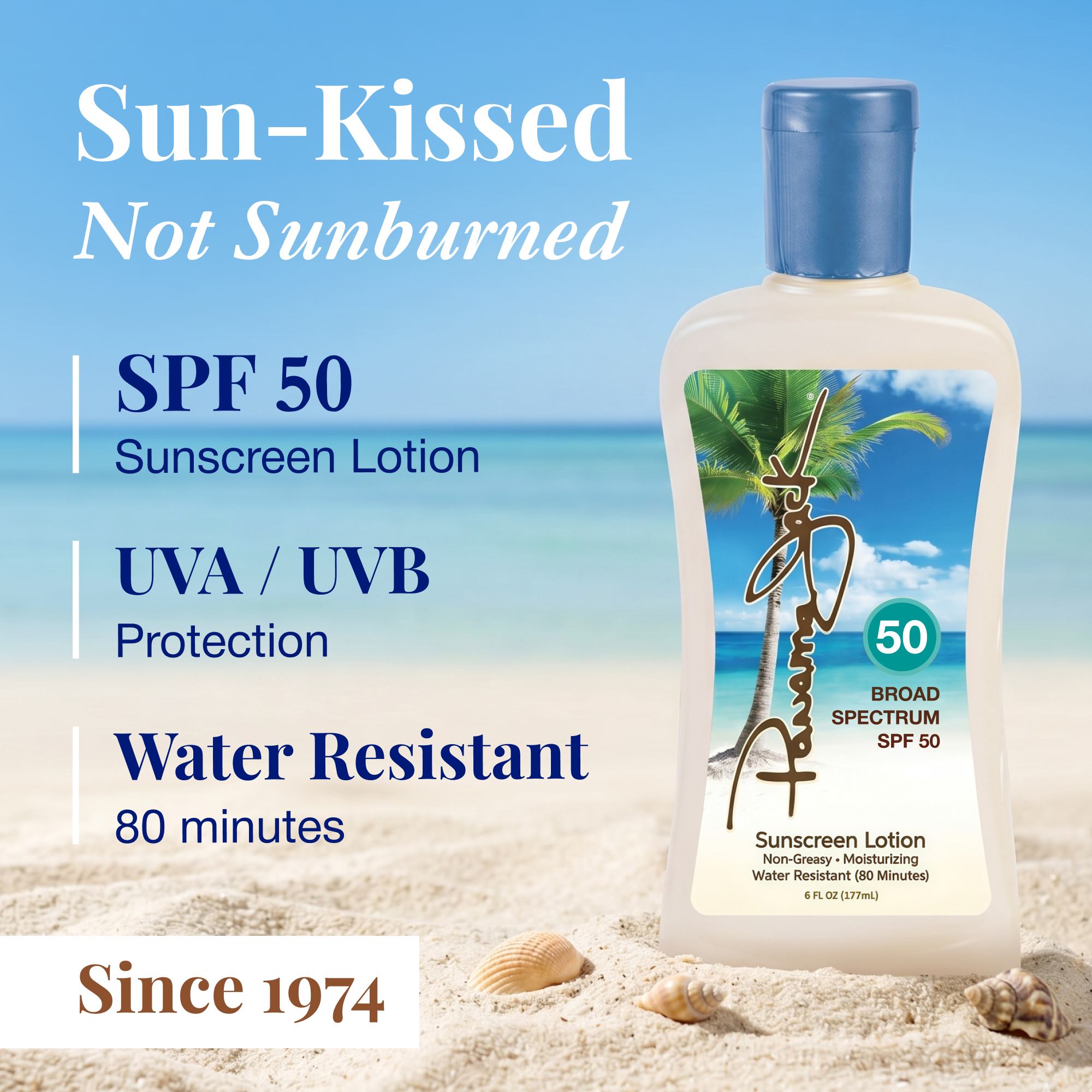 Panama Jack Sunscreen lotion bottle with beach background and product details