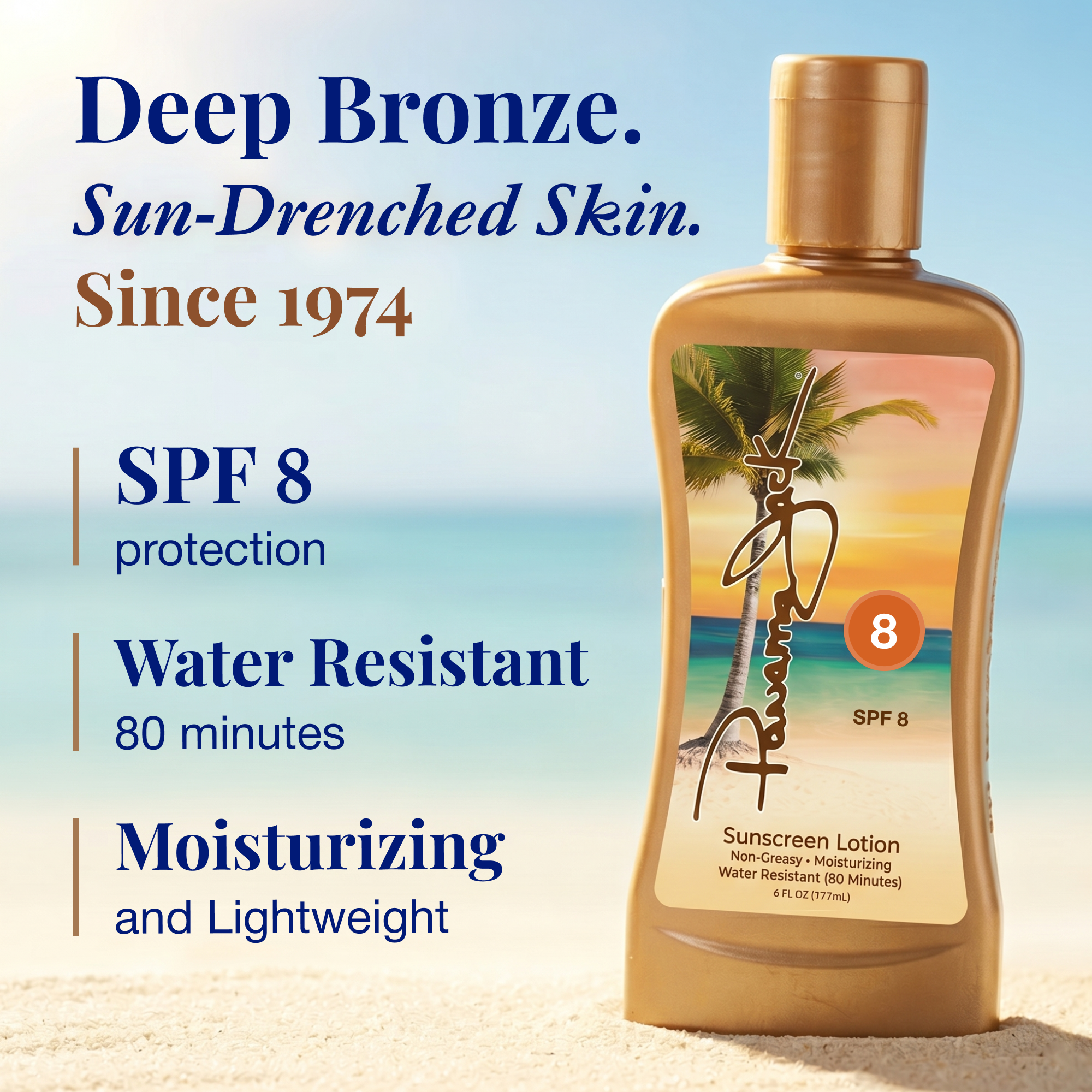 Panama Jack Sunscreen lotion bottle with beach scene label on sand and blue sky background