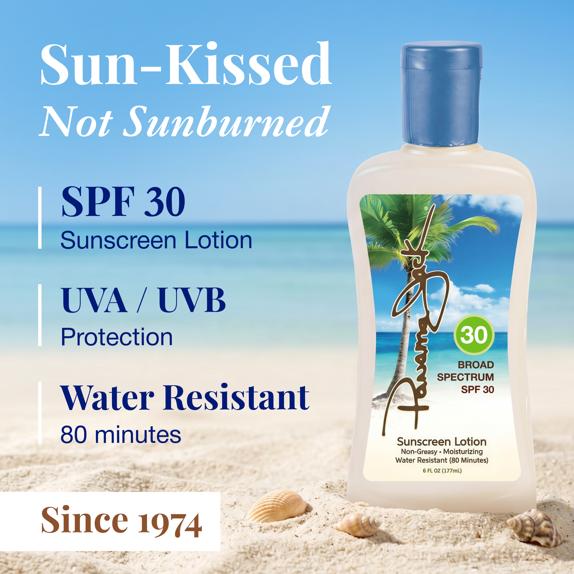 Panama Jack Sunscreen lotion bottle with beach background and product details