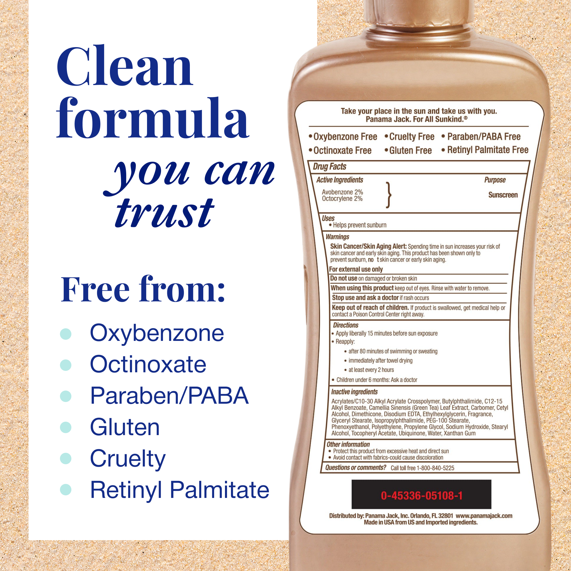 Panama Jack Sunscreen bottle with label on a beige background, highlighting 'Clean formula you can trust' and free-from ingredients.
