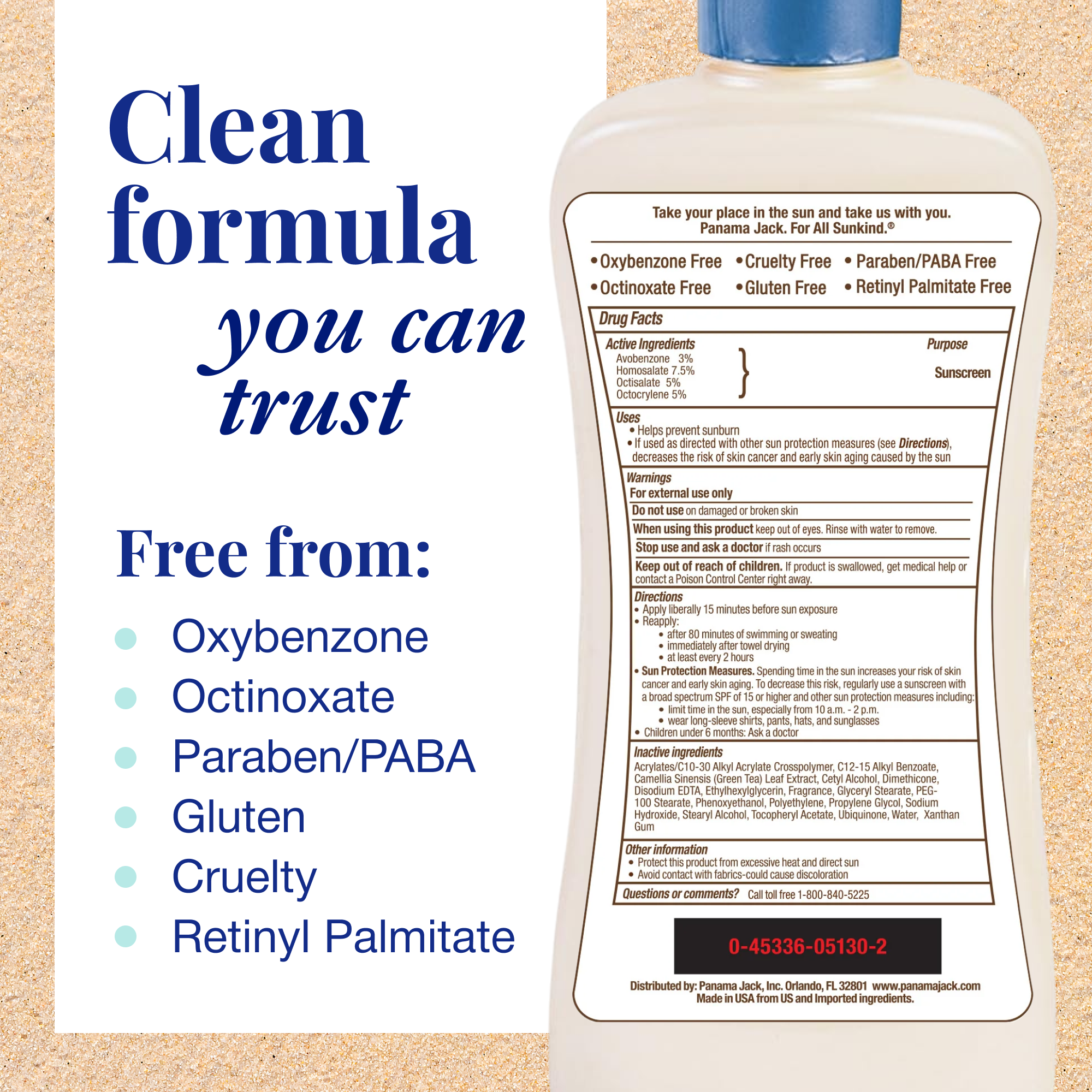 Panama Jack Sunscreen bottle with label on a beige background, featuring text about clean formula and free-from ingredients.