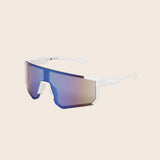 Panama Jack Sunglasses with blue reflective lenses and white frame on a beige background