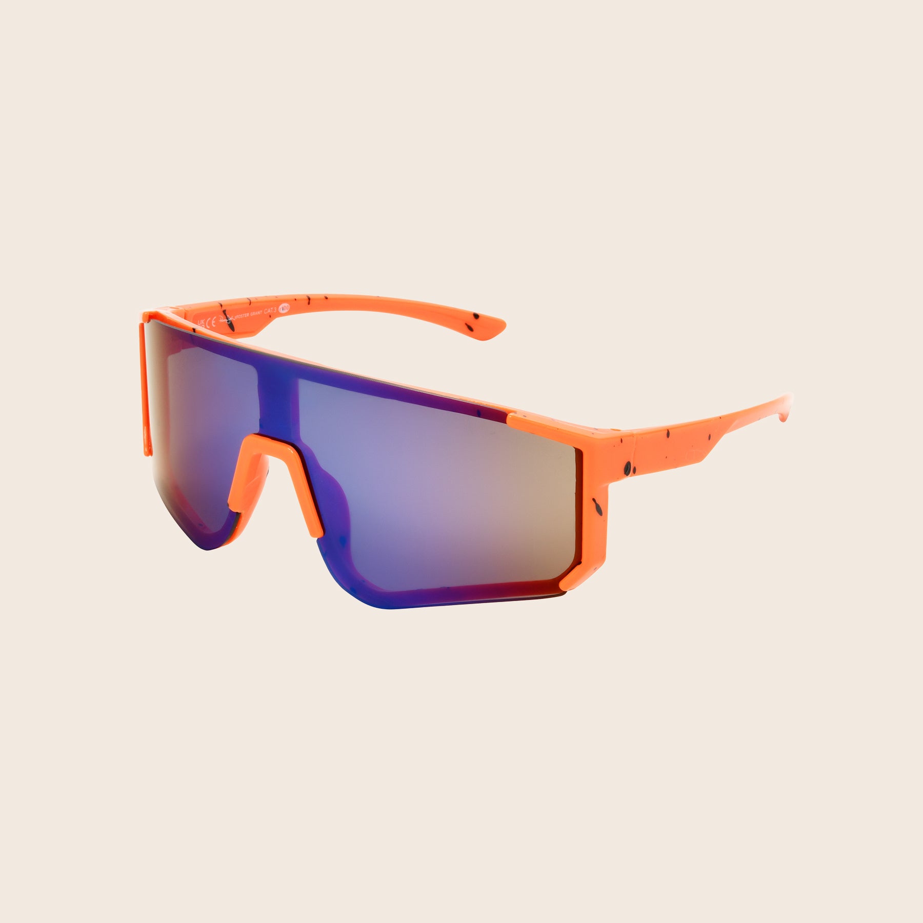 Panama Jack Sunglasses with orange frame and reflective lenses on a beige background