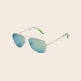 Panama Jack Aviator sunglasses with blue reflective lenses on a beige background