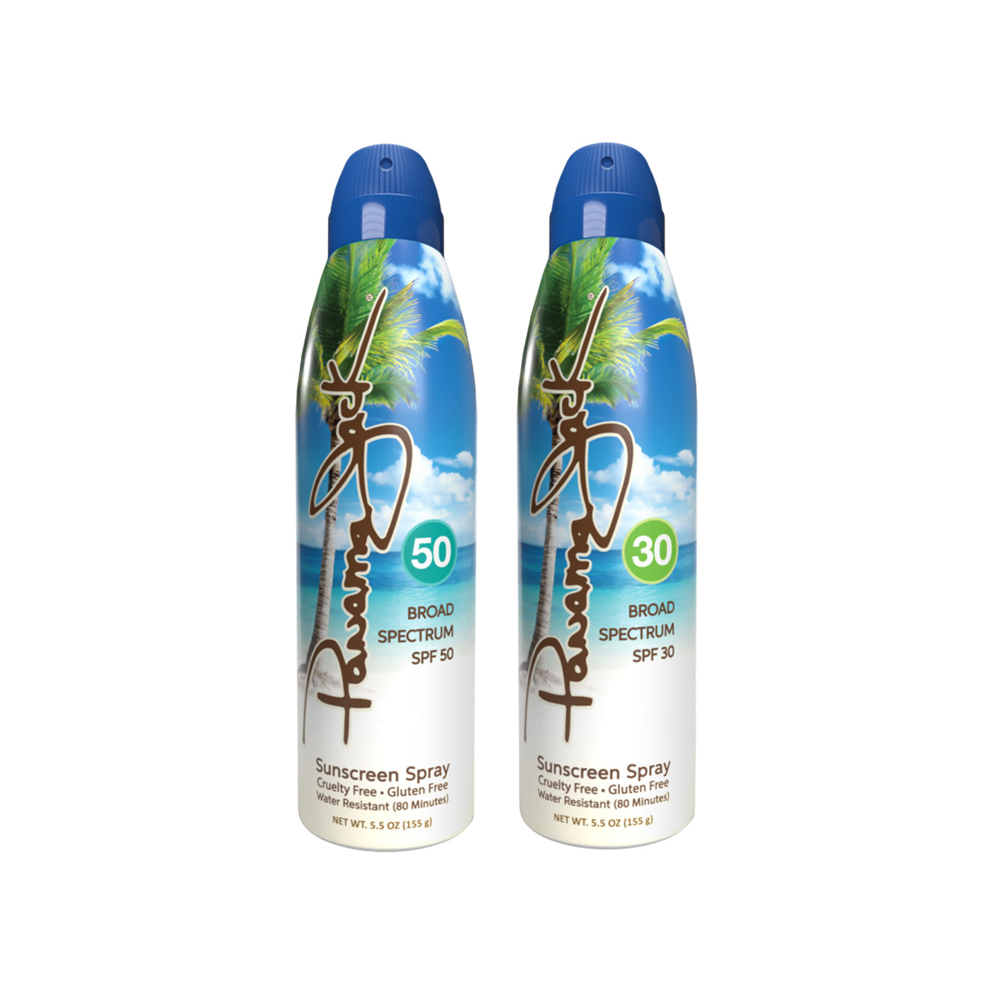 Two bottles of Panama Jack sunscreen spray on a white background