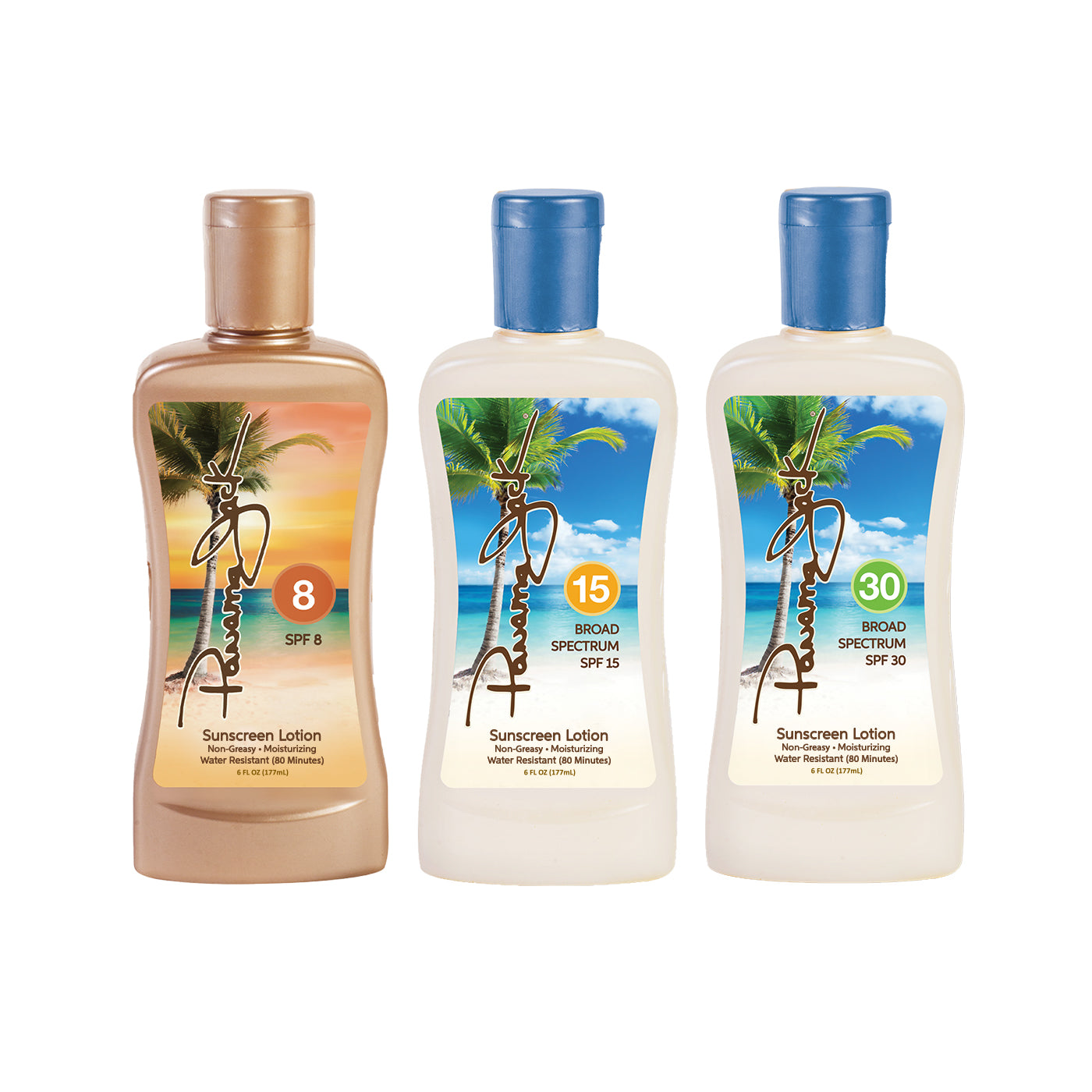 Three bottles of Panama Jack sunscreen lotion with different SPF levels on a white background.