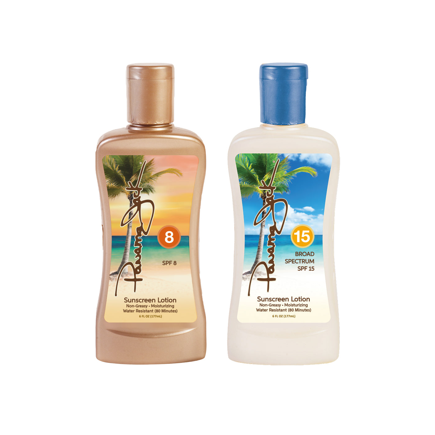 Two bottles of Panama Jack sunscreen lotion with different SPF levels on a white background.