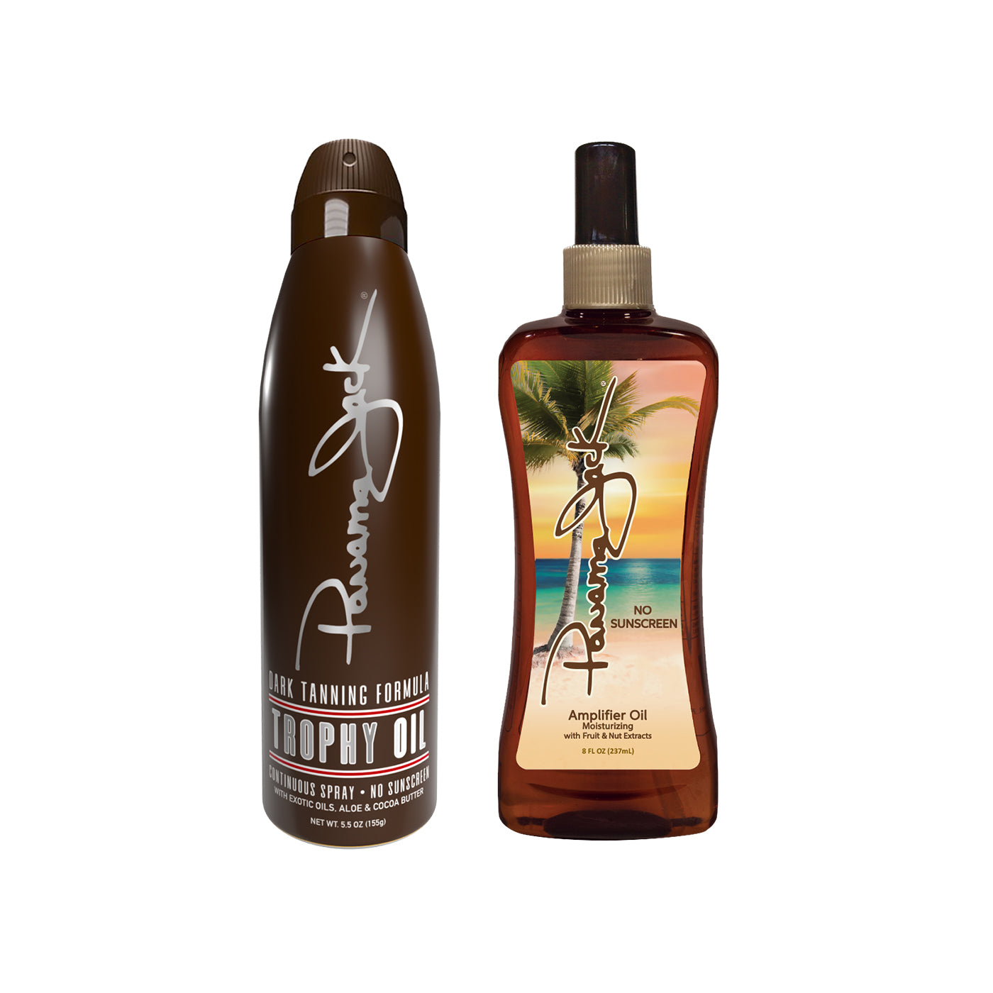 Two bottles of Panama Jack tanning oil on a white background