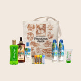 Collection of Panama Jack products including bottles and a tote bag on a beige background