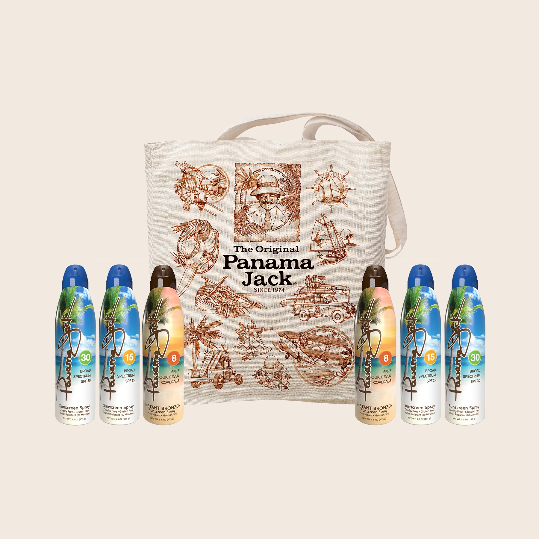 Tote bag and spray bottles with Panama Jack branding on a beige background