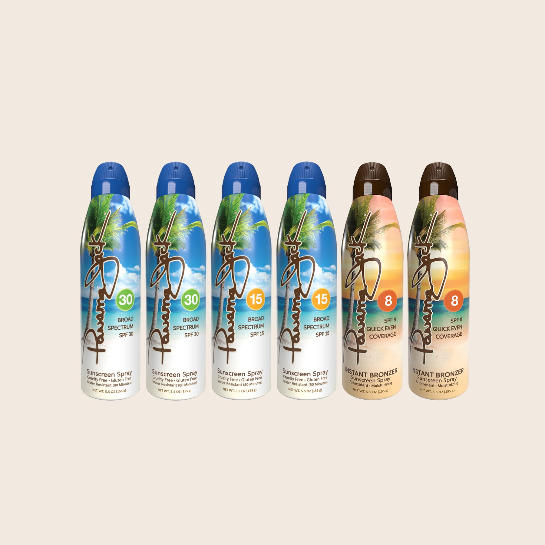 Set of Panama Jack sunscreen spray bottles on a beige background
