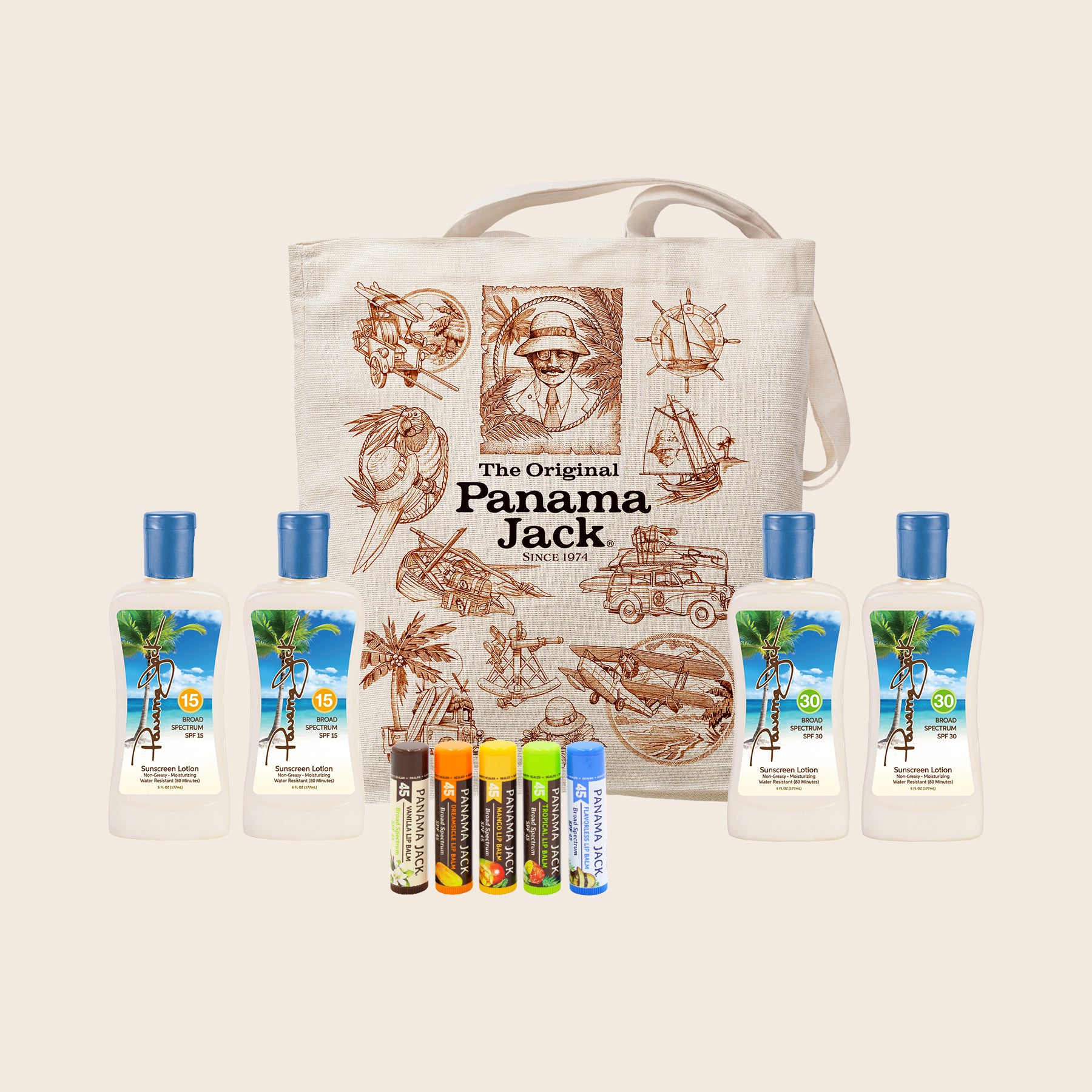 Panama Jack product set with tote bag on a beige background