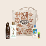 Tote bag with 'The Original Panama Jack' branding and various products on a beige background