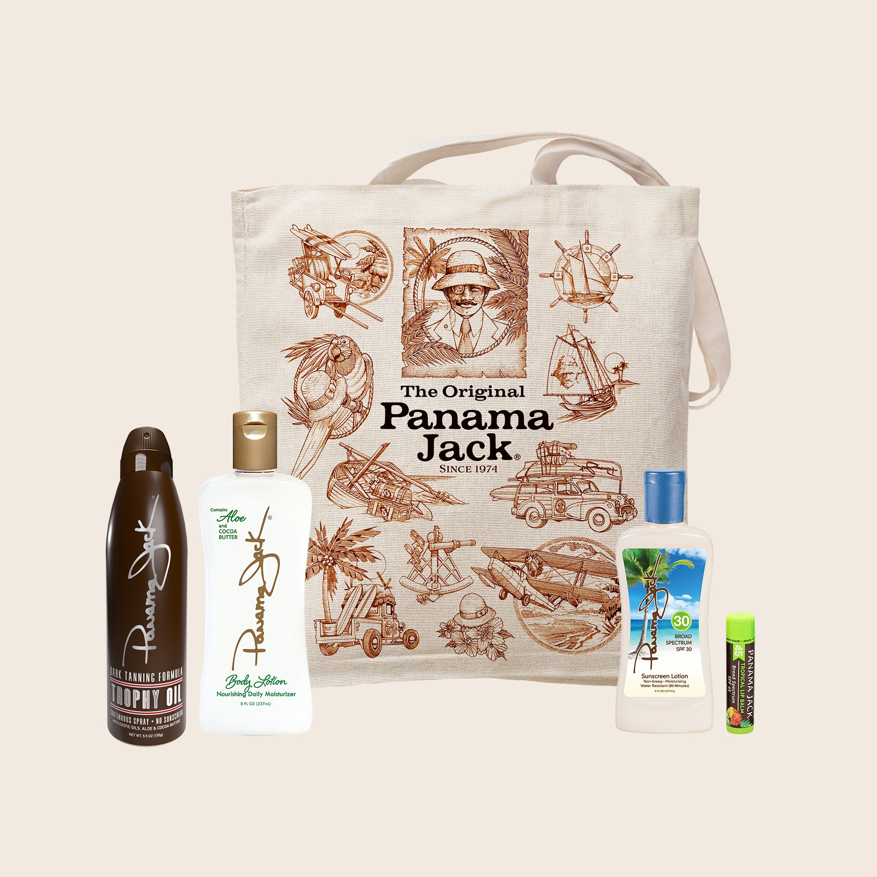 Tote bag with 'The Original Panama Jack' branding and various products on a beige background