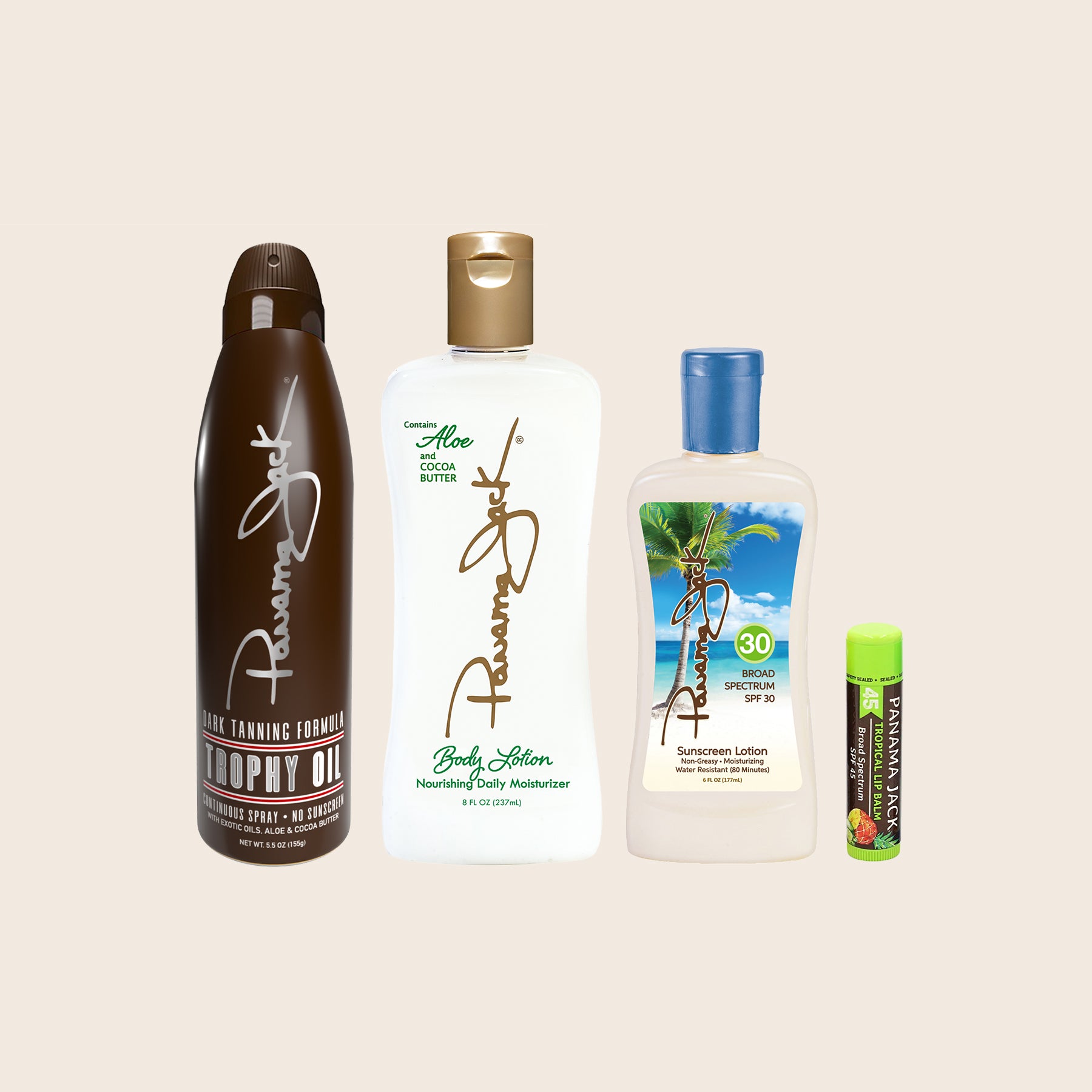 Collection of Panama Jack skincare and sun care products on a beige background