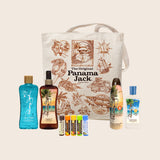 Panama Jack tote bag with beach-themed products on a beige background