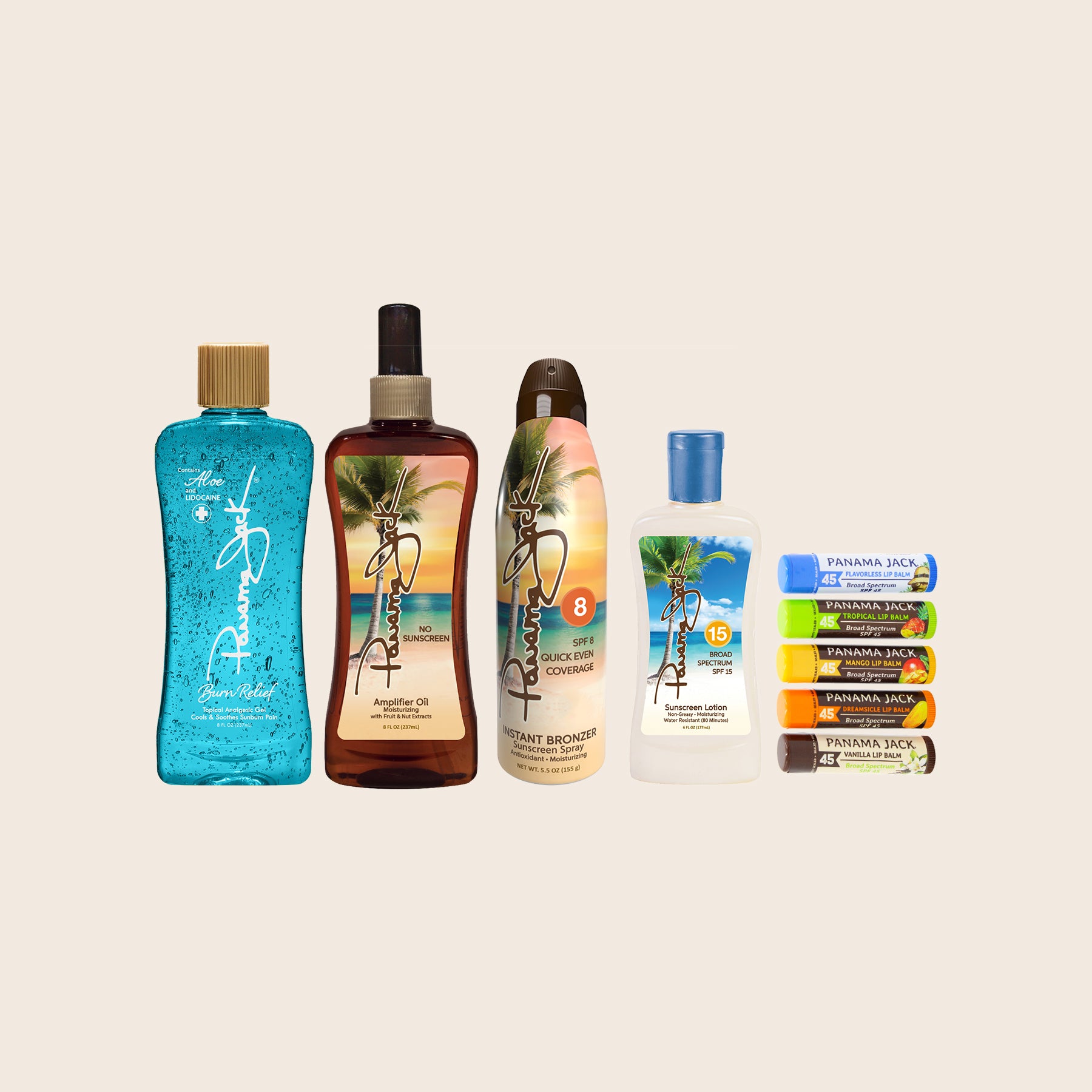 Collection of Panama Jack tanning products on a beige background