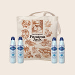 Tote bag and sunscreen bottles with 'The Original Panama Jack' branding on a beige background