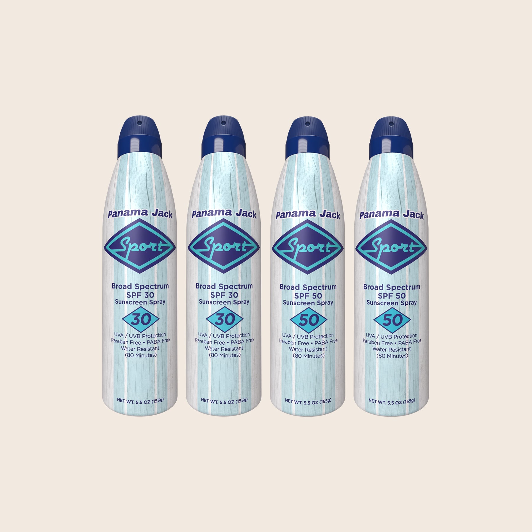 Four bottles of Panama Jack Sport sunscreen spray on a beige background