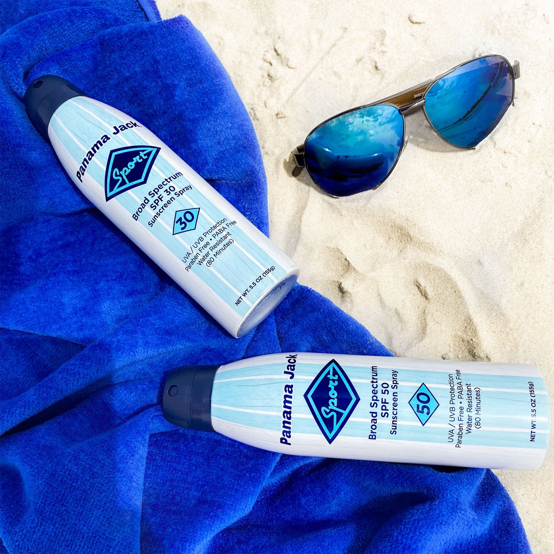Two bottles of Panama Jack Sport sunscreen on a blue towel with sunglasses in the background.