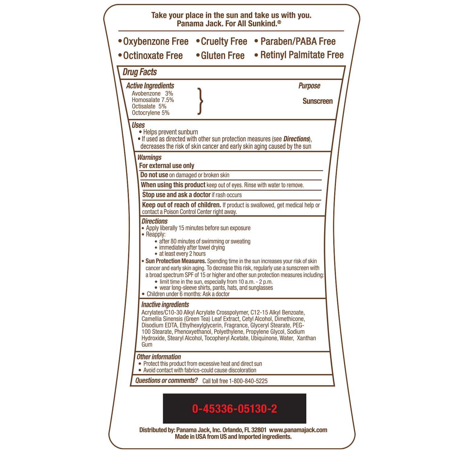 Panama Jack Sunscreen label with product details and usage instructions on a white background