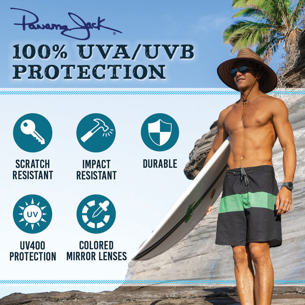Panama Jack Wood Print Sunglasses - Rubberized Blue, 100% UVA - UVB Sun Protection, Impact Resistant Mirror Lenses