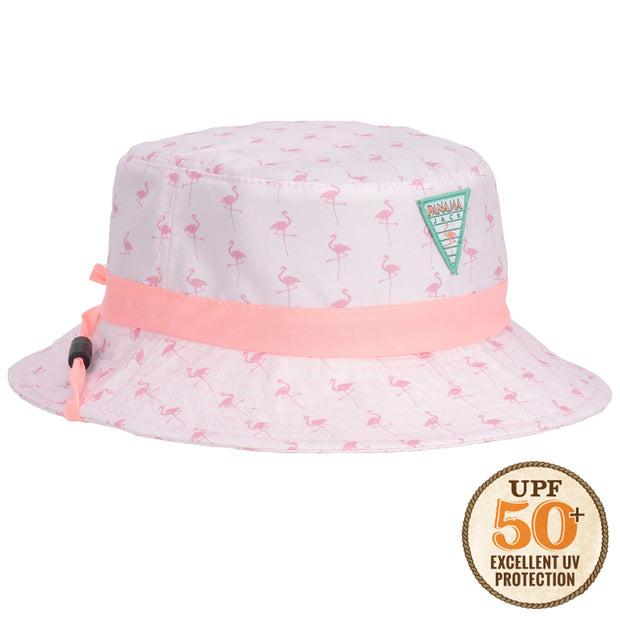 Panama Jack Kids Sun Hat - Flamingo Print, Adjustable Chin Cord, UPF (SPF) 50+ UVA/UVB Sun Protection, 2 Brim (Pink)