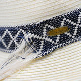 Close-up of a Panama Jack straw hat with a blue and white patterned band and a brand logo.