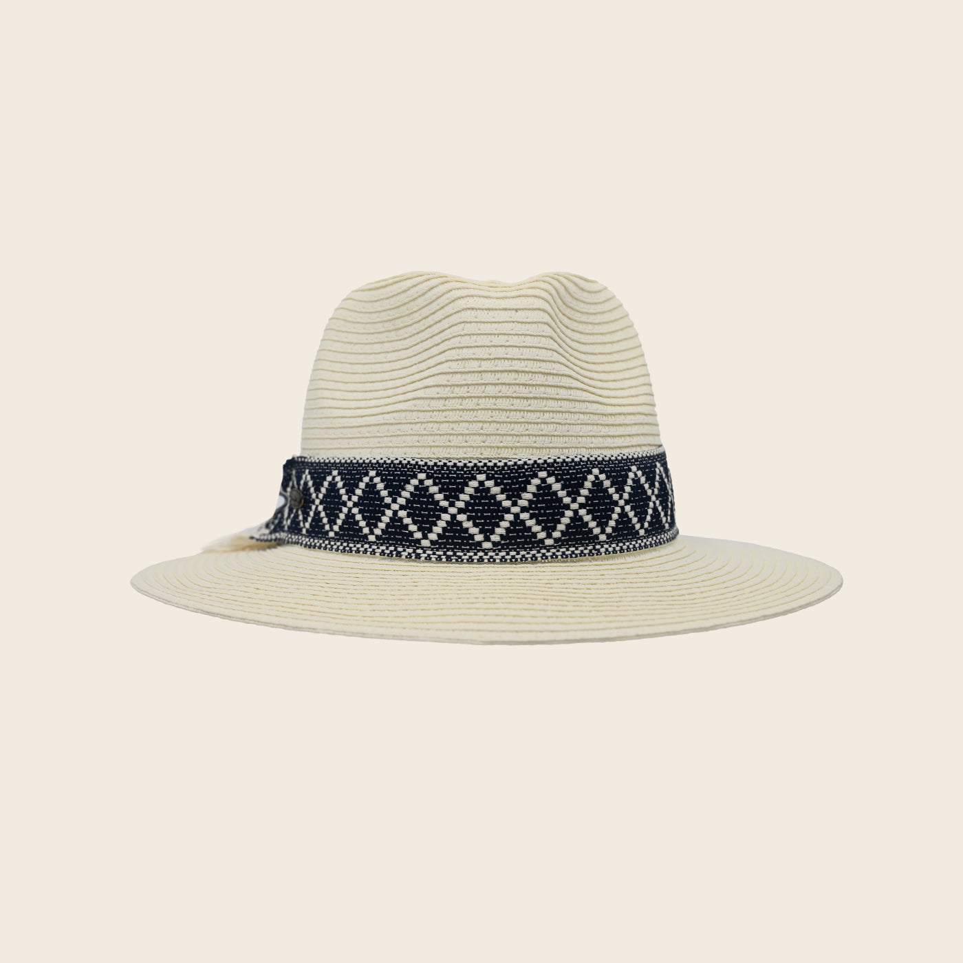 Beige Panama Jack straw hat with a decorative band on a beige background