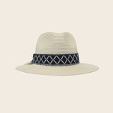 Beige Panama Jack straw hat with a decorative band on a beige background