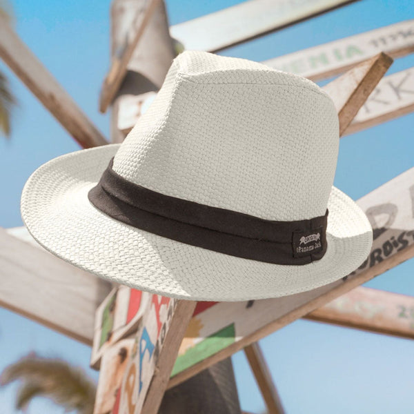 Hat Attack straw fedora with ivory ribbon trim green-and-red-ribbon-straw-  main image 2