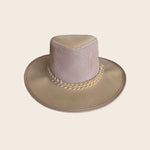 Beige wide-brimmed Panama Jack hat with a textured crown on a beige background