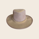 Beige wide-brimmed Panama Jack hat with a textured crown on a beige background