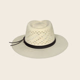 Beige straw Panama Jack hat with a black band on a beige background