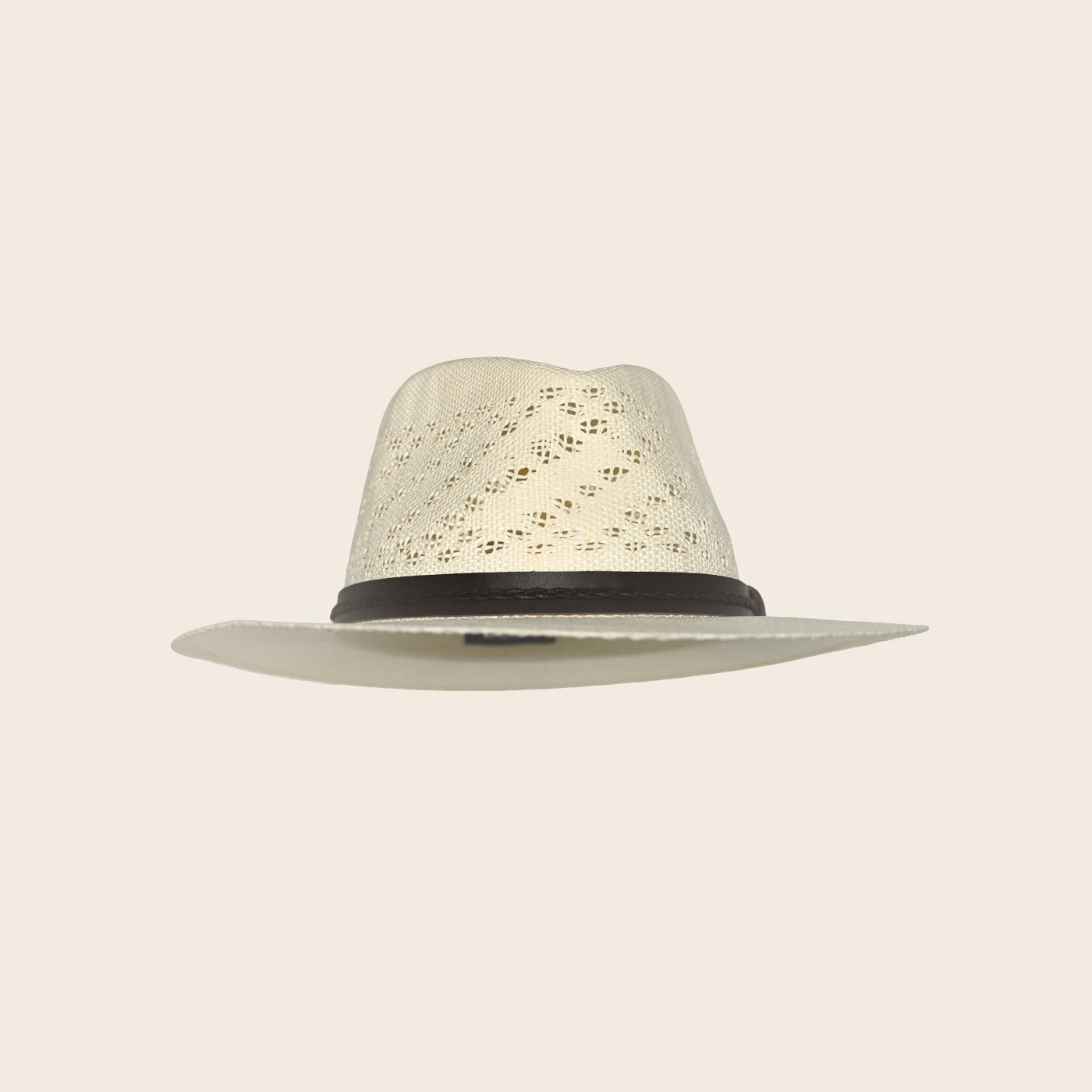 Beige straw Panama Jack hat with black band on a beige background
