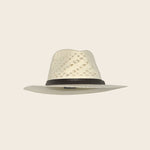 Beige straw Panama Jack hat with black band on a beige background