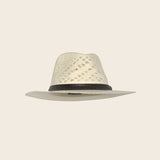 Beige straw Panama Jack hat with black band on a beige background