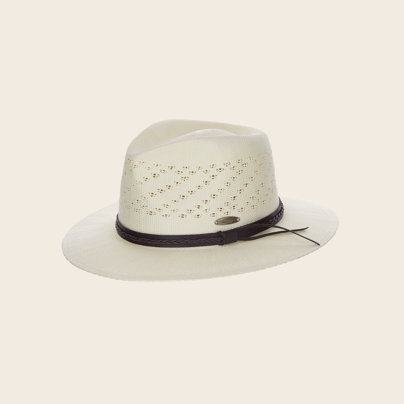 White Panama Jack straw hat with a black band on a beige background