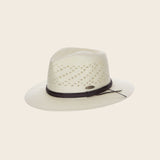 White Panama Jack straw hat with a black band on a beige background