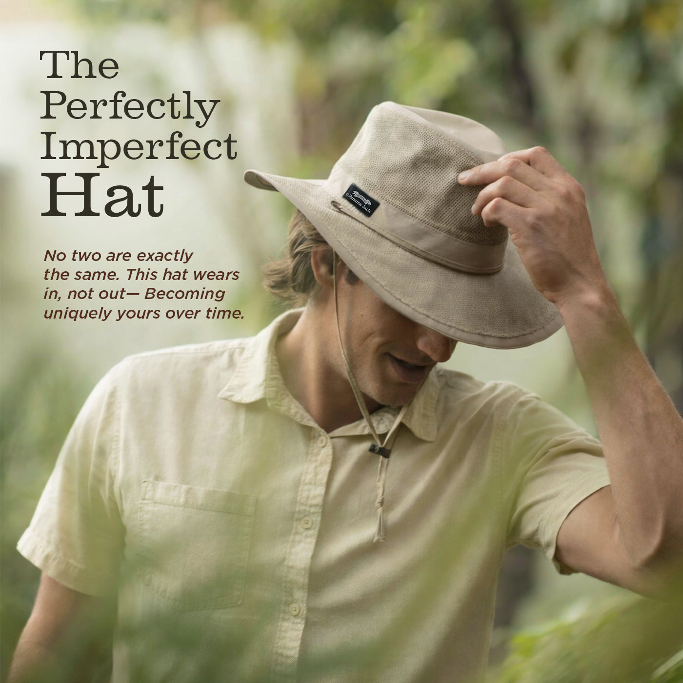 Man wearing a beige Panama Jack hat with text about its uniqueness and wearability.