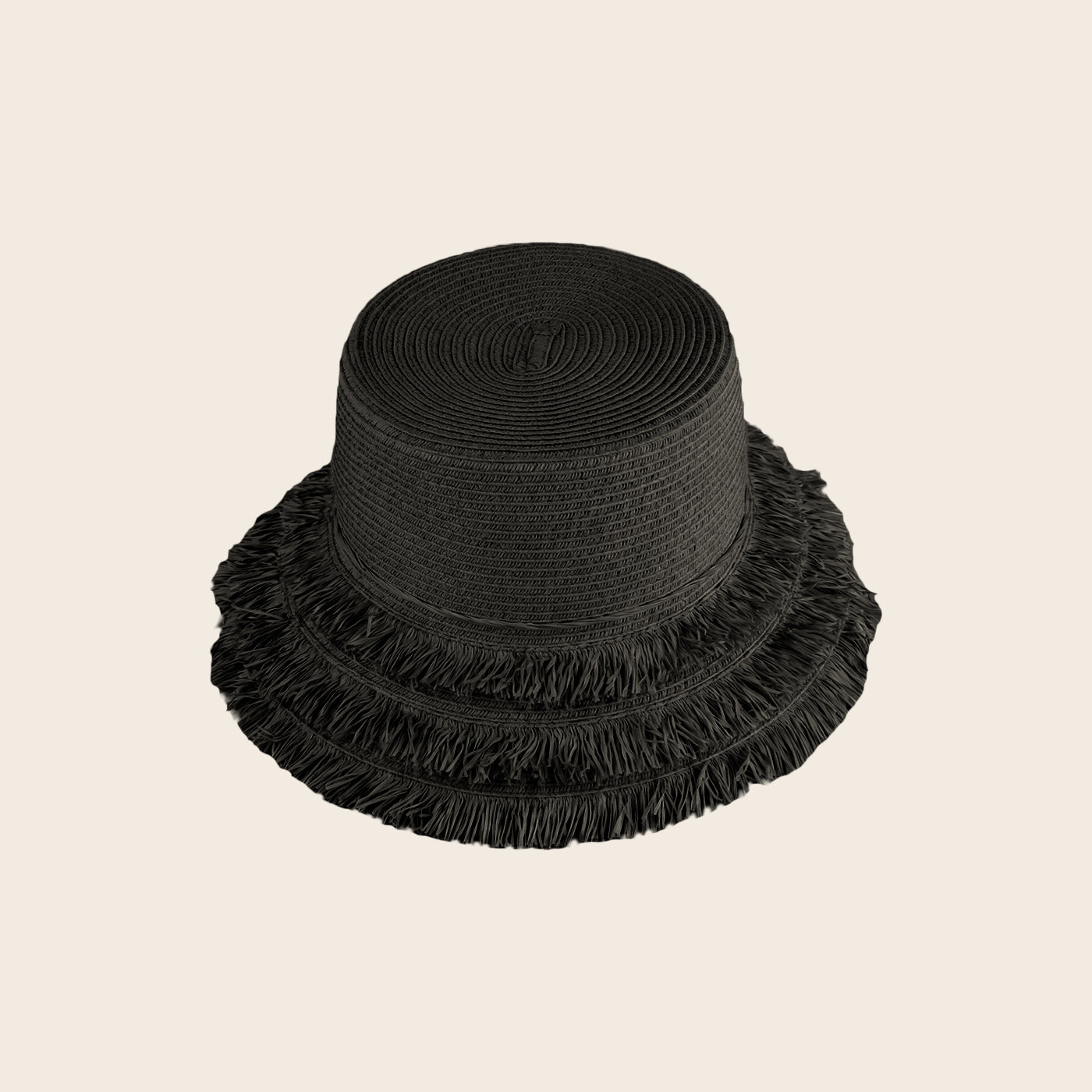 Black straw Panama Jack hat with frayed edges on a beige background