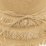 Close-up of a beige straw Panama Jack hat with fringes
