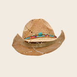 Straw cowboy Panama Jack hat with colorful bead band on a beige background