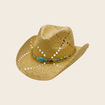 Straw cowboy Panama Jack hat with bead band on a beige background