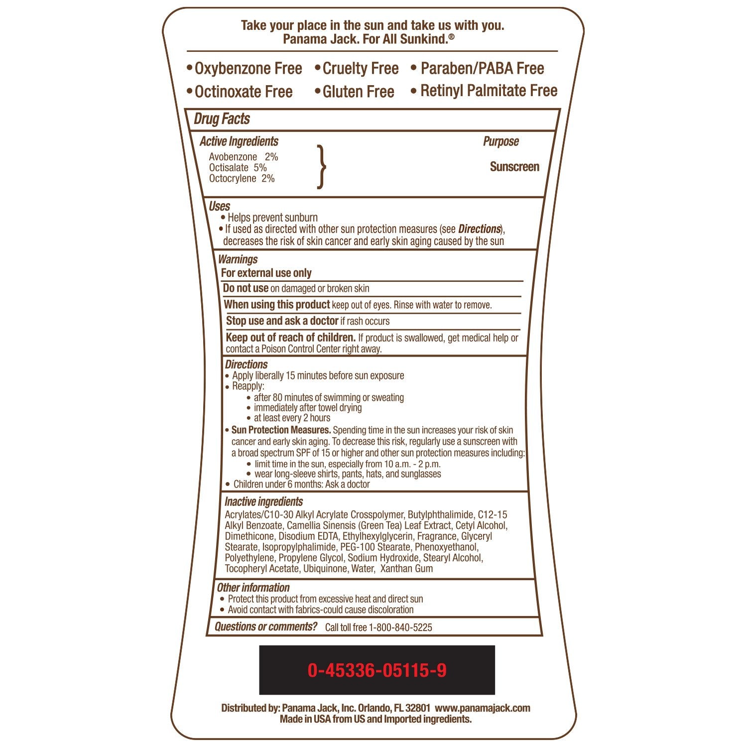 Panama Jack Sunscreen label with product details and safety information on a white background