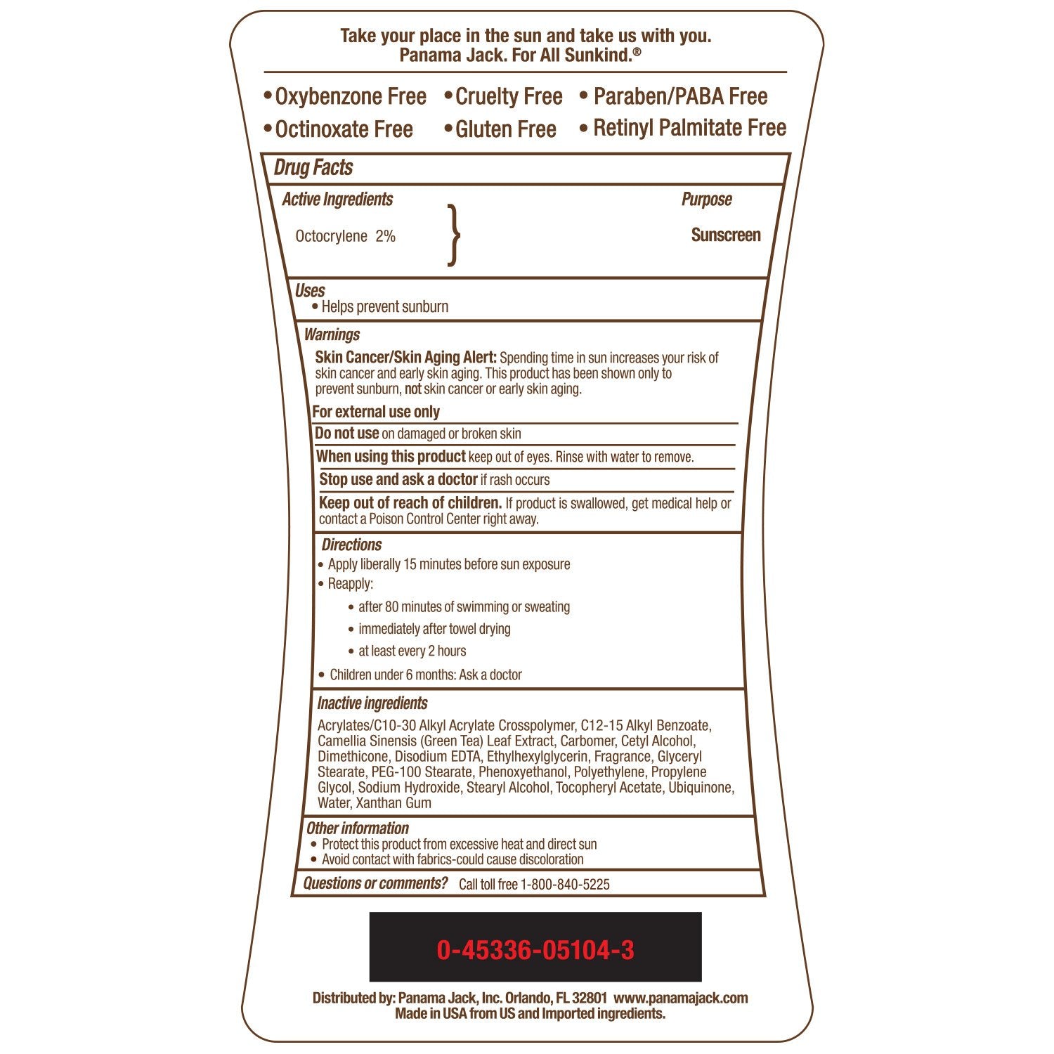 Panama Jack Sunscreen label with active ingredients and usage instructions on a white background