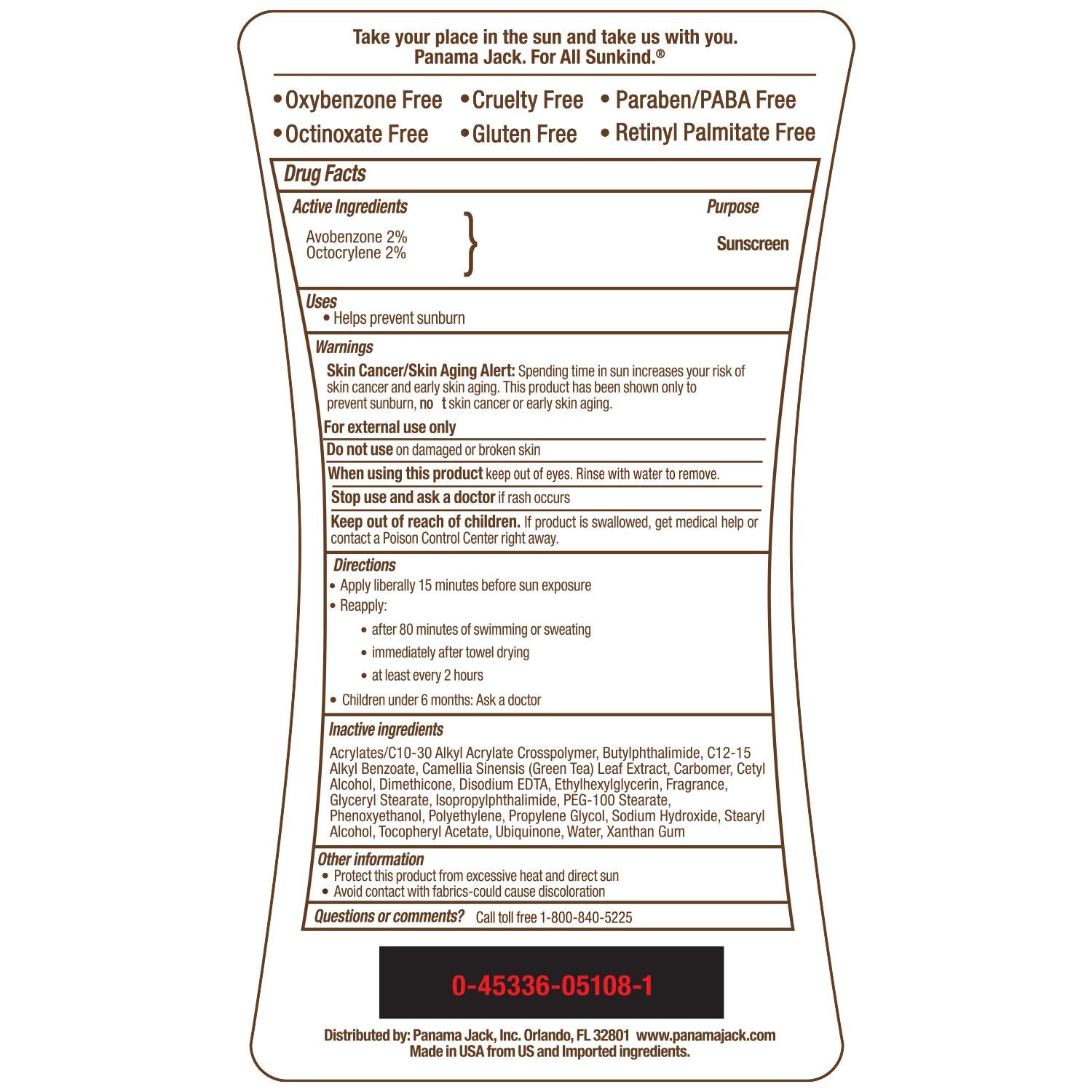 Panama Jack Sunscreen label with product details and usage instructions on a white background