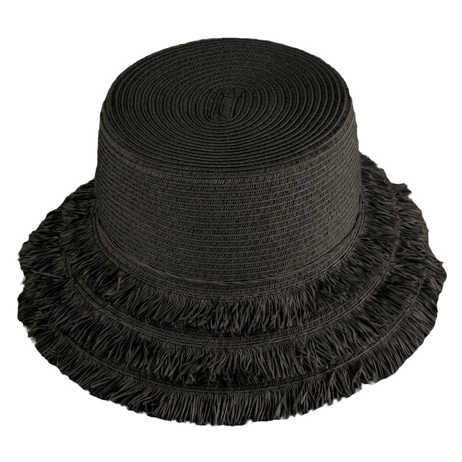 Panama Jack black straw hat with frayed edge on a white background