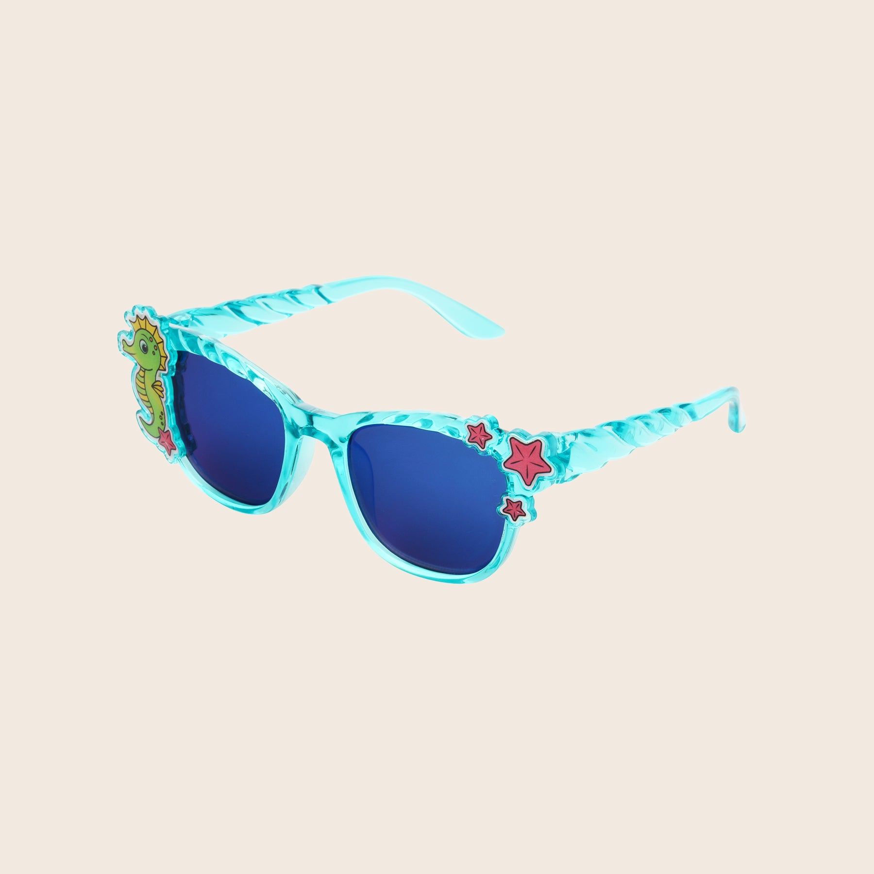 Children's Panama Jack sunglasses with blue lenses and decorative frame on a beige background